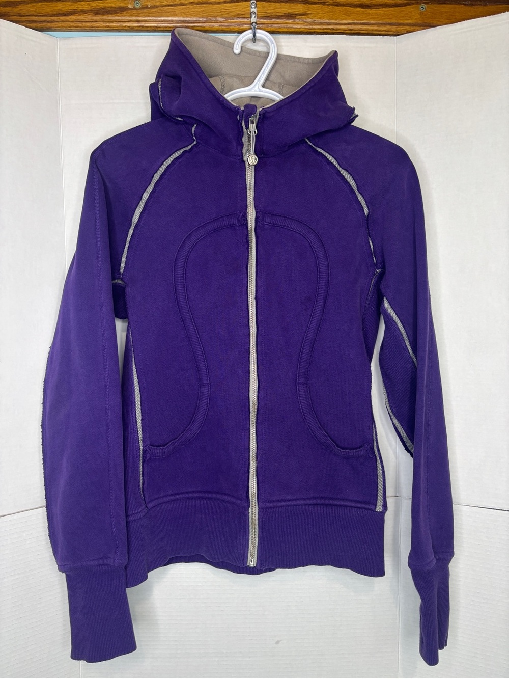 Vintage lululemon Purple Scuba Full-Zip Hooded Sweatshirt Grey Distressed Trim
